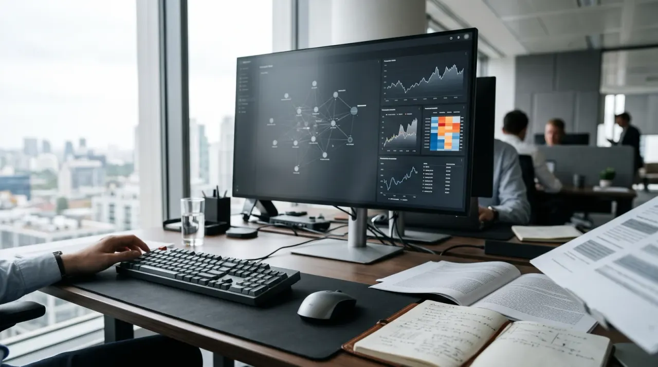 Arbeitsplatz mit Monitor, Netzwerkgrafik, Diagrammen, Tastatur und Notizbuch